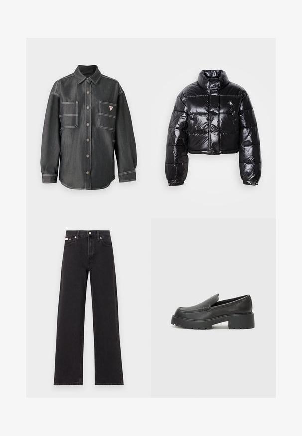 Jachetă puffer neagră scurtă cu finisaj lucios, guler înalt, fermoar frontal și detaliu cu logo. Are mâneci supradimensionate și secțiuni quilted.; Cămașă din denim închis cu mâneci lungi, închidere cu nasturi, guler ascuțit, două buzunare mari pe piept și cusături albe în contrast.; Jeanși negri cu picioare largi, fabricați din denim, cu talie înaltă, stil cu cinci buzunare și închidere cu nasture metalic, cu cusături contrastante.; Mocasini din piele neagră, cu vârf rotunjit, talpă groasă texturată și detalii minimale de cusătură. Design elegant, fără șireturi sau accesorii vizibile.