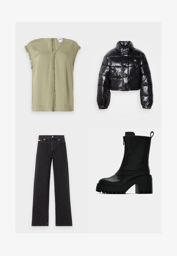 Jachetă puffer neagră scurtă cu finisaj lucios, guler înalt, fermoar frontal și detaliu cu logo. Are mâneci supradimensionate și secțiuni quilted.; Bluză verde măslin cu decolteu în V, mâneci scurte și margini desfăcute pe mijloc. Fabricată dintr-un material moale, cu o croială lejeră.; Jeanși negri cu picioare largi, fabricați din denim, cu talie înaltă, stil cu cinci buzunare și închidere cu nasture metalic, cu cusături contrastante.; Botine negre din piele cu talpă groasă, toc pătrat, fermoar lateral și manșetă la spate, pe un fundal alb simplu.