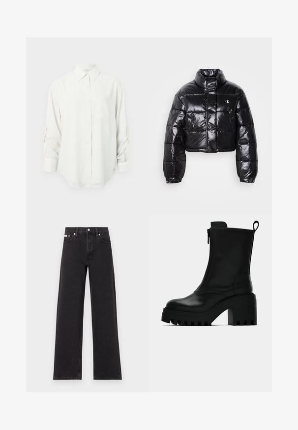 Trumpas juodas pūkinis paltas su blizgiu paviršiumi, aukšta apykakle, priekiniais užtrauktukais ir logotipo detalėmis. Yra plačios rankovės ir siuvinėtos dalys.; Balta ilgomis rankovėmis mygtukinė marškiniai su apykakle, vienu krūtinės kišenė ir sukeltomis rankovėmis. Minkšta, lygi medžiaga ir laisvas kirpimas.; Juodos plačios kojų džinsai, pagaminti iš džinsinio audinio, su aukštu liemeniu, penkių kišenių stiliumi ir metaline sagte su kontrastingo siuvimo detalėmis.; Juodas odinis kulkšninis batas su masyviu pado, blokiniu kulnu, šonine užtrauktuku ir kilpute gale ant paprasto balto fono.