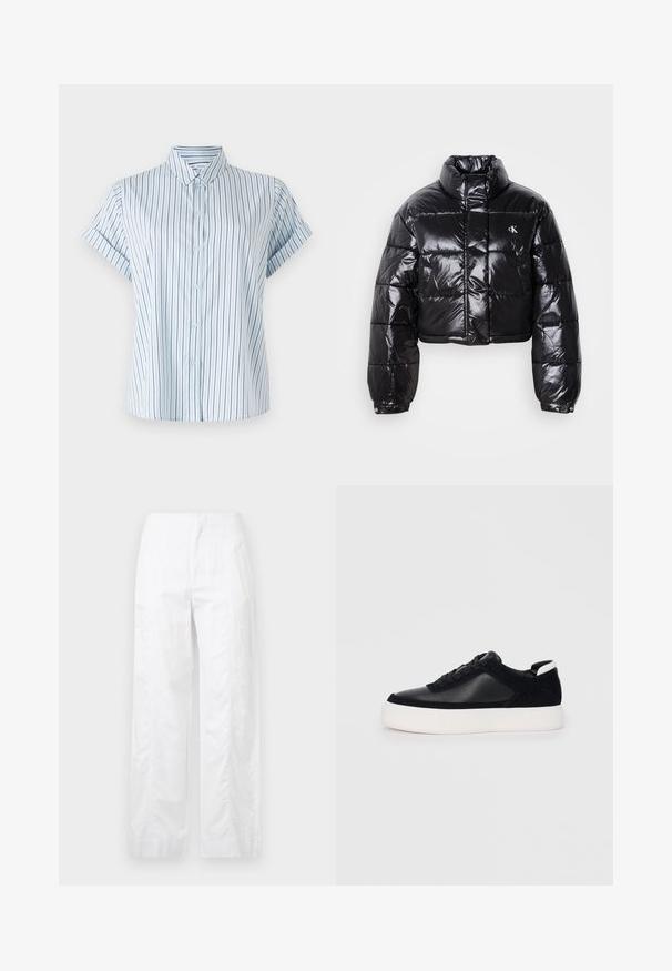 Jachetă puffer neagră scurtă cu finisaj lucios, guler înalt, fermoar frontal și detaliu cu logo. Are mâneci supradimensionate și secțiuni quilted.; Cămașă de culoare albastru deschis, cu mâneci scurte și dungi verticale, cu un închidere cu butoane și guler clasic, realizată dintr-un material neted.; Pantaloni albi cu croială largă, fabricați dintr-un material ușor, având o textură netedă, linii curate și un design cu talie înaltă.; Sneaker negru cu piele netedă și panouri din întăritură, șireturi plate, vârf rotund și talpă din cauciuc alb. Logo distinct pe călcâi.