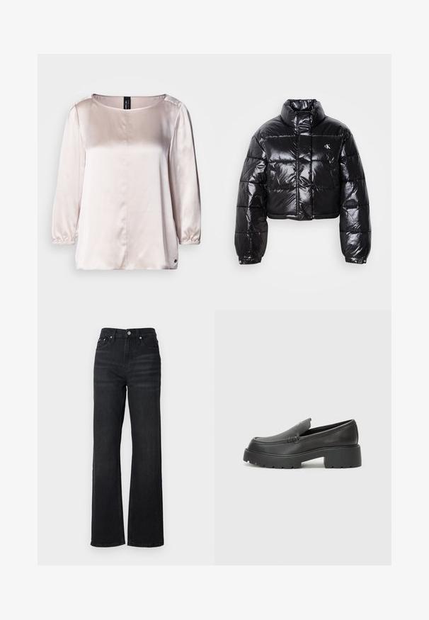Geknipt zwart pufferjack met glanzende afwerking, hoge kraag, ritssluiting aan de voorkant en logodetail. Beschikt over oversized mouwen en gestikte delen.; Satin blouse in lichtroze met een ronde halslijn, driekwartmouwen, geraffineerde manchetten en een detail met een middennaad. Klein logo aan de zoom.; Zwarte denim wide-leg jeans met een hoge taille, vijfzakkenontwerp en zilveren metalen knoop. De stof heeft een gladde textuur en een lichte stretch.; Zwarte leren instappers met een ronde neus, dikke getextureerde zool en minimale stikseldetails. Strak ontwerp zonder zichtbare veters of hardware.