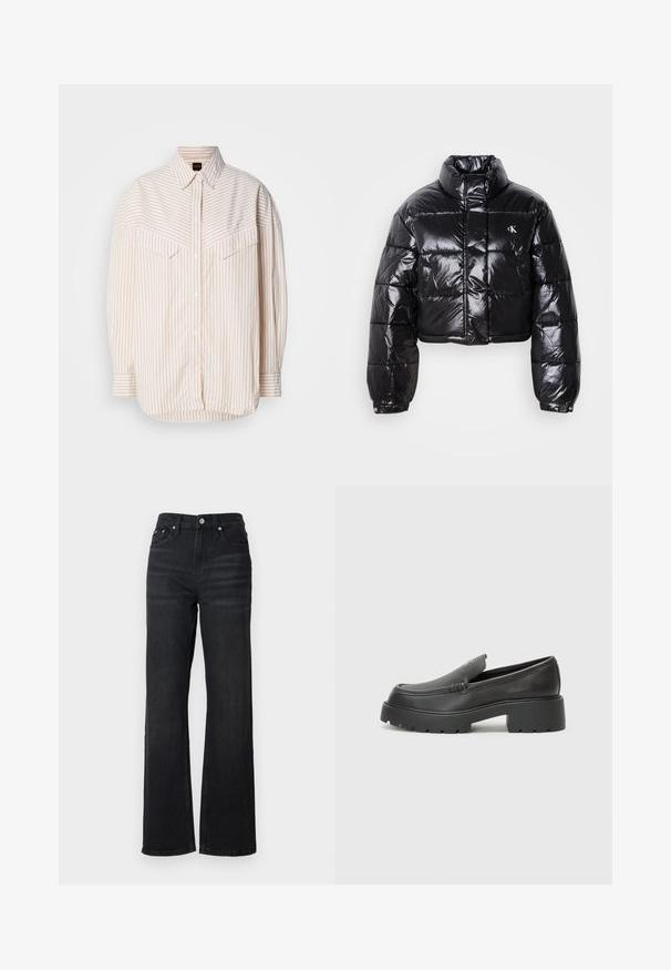 Skrajšana črna pufasta jakna z sijajno površino, visokim ovratnikom, sprednjim zadrgo in detajlom logotipa. Ima prevelike rokave in kviltane dele.; Prušasta srajca z gumbi, ki obsega svetlo bež in kremaste barve, sproščen kroj, dolgi rokavi in dve prsni žepki s poklopcem.; Črne široke jeans hlače iz denima z visokim pasom, obliko petih žepov in srebrnim kovinskim gumbom. Tkanina ima gladko teksturo in rahlo elastičnost.; Črne usnjene loafers čevlje z zaobljenim nosom, debelim teksturiranim podplatom in minimalnimi šivi. Elegantna zasnova brez vidnih vezalk ali kovinskih delov.