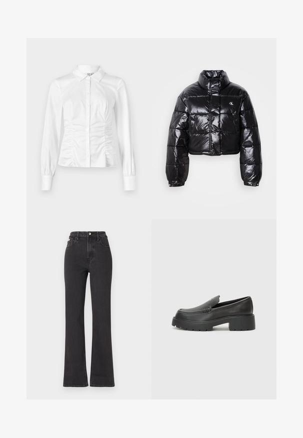 Giacca a vento nera cropped con finitura lucida, colletto alto, zip frontale e dettaglio con logo. Presenta maniche oversized e sezioni trapuntate.; Camicetta bianca con bottoni, realizzata in tessuto liscio, con maniche lunghe, colletto e dettagli arricciati sui lati.; Jeans neri a vita alta e a zampa d'elefante in denim, con chiusura a bottoni, passanti per cintura e tasche laterali. Texture liscia con minimal fading.; Mocassini in pelle nera con punta arrotondata, suola spessa e testurizzata, e minime cuciture. Design elegante senza lacci o parti metalliche visibili.