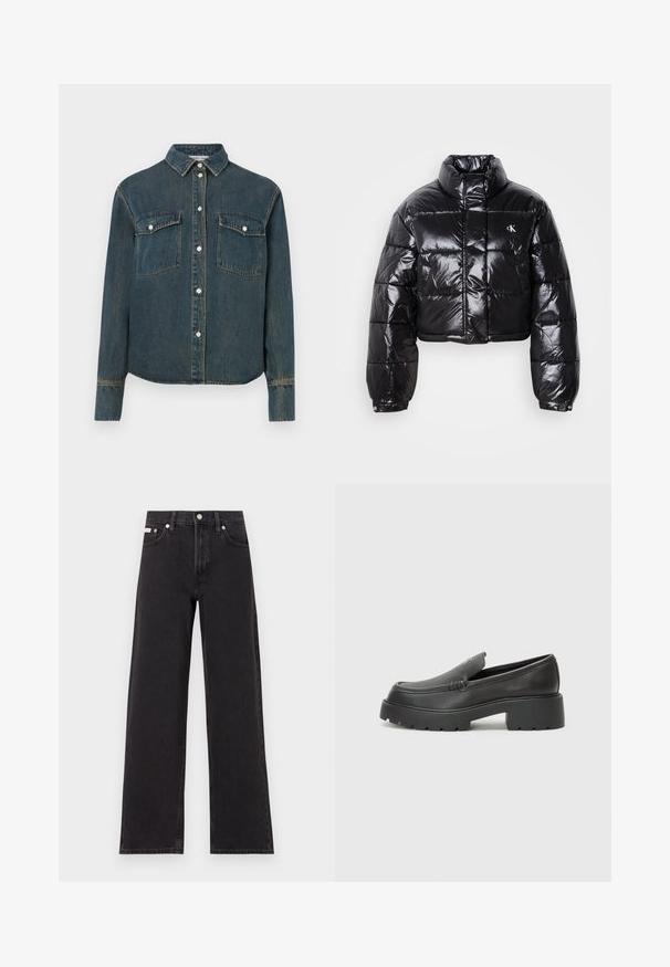 Zkrácená černá péřová bunda s lesklým povrchem, vysokým límcem, předním zipem a logem. Má široké rukávy a prošívané části.; Denimová košile s límečkem, dlouhými rukávy, dvěma náprsními kapsami a zapínáním na knoflíky vpředu. Tmavě modrá barva se zvadlou texturou.; Černé široké jeansy vyrobené z denimu, s vysokým pasem, pěti kapsami a kovovým zapínáním s kontrastním prošíváním.; Černé kožené mokasíny s okrouhlou špičkou, silnou strukturovanou podrážkou a minimálními detaily šití. Elegantní design bez viditelných tkaniček nebo kovových prvků.