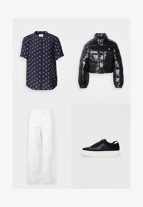 Skrajšana črna pufasta jakna z sijajno površino, visokim ovratnikom, sprednjim zadrgo in detajlom logotipa. Ima prevelike rokave in kviltane dele.; Tamnopisna bluzo s kratkimi rokavi z belimi pikami, ki ima gumbasto zapiranje spredaj in okrogli ovratnik. Narejena iz lahkega materiala.; Bela široka hlače iz lahkega materiala, ki se ponašajo z gladko teksturo, čistimi linijami in visokim pasom.; Črne športne copate z gladko usnjeno in semišnimi paneli, ravnimi vezalkami, zaobljenim nosom in belim gumijastim podplatom. Oznaka na peti.