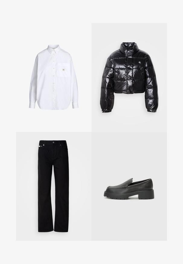 Giacca a vento nera cropped con finitura lucida, colletto alto, zip frontale e dettaglio con logo. Presenta maniche oversized e sezioni trapuntate.; Camicia bianca con bottoni, colletto classico, maniche lunghe, taschino frontale e una piccola etichetta con il logo CK sulla tasca. Tessuto di cotone liscio.; Pantaloni in denim nero a gamba dritta con cinque tasche, rivetti argentati e chiusura con bottone. Il tessuto ha una finitura liscia e leggermente testurizzata.; Mocassini in pelle nera con punta arrotondata, suola spessa e testurizzata, e minime cuciture. Design elegante senza lacci o parti metalliche visibili.