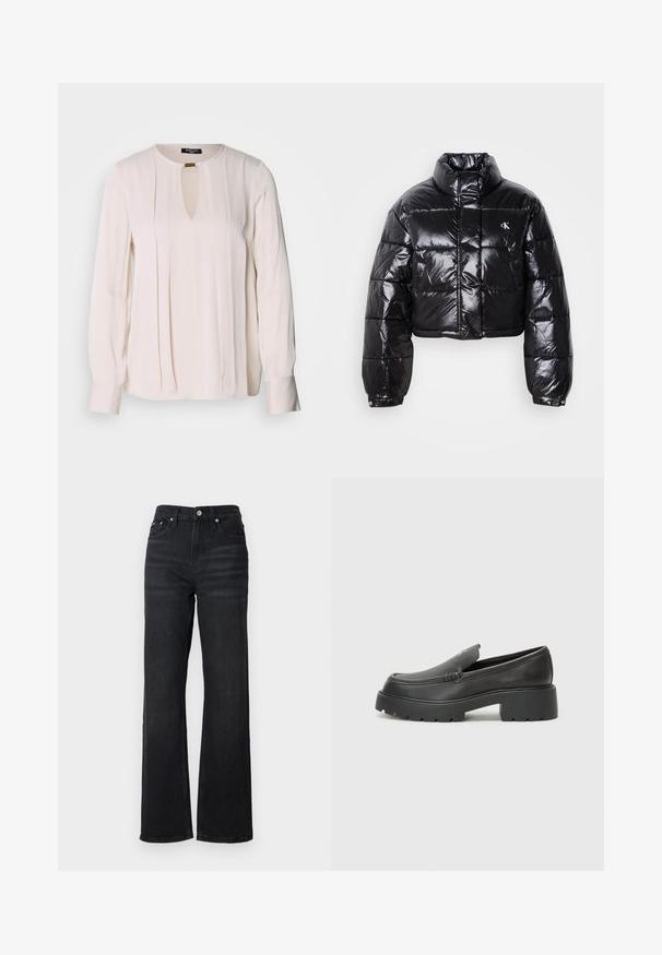 Gekürzte schwarze Steppjacke mit glänzender Oberfläche, hohem Kragen, Frontreißverschluss und Logodetail. Verfügt über übergroße Ärmel und gesteppte Abschnitte.; Langärmlige cremefarbene Bluse mit einem Schlüssellochausschnitt, gefältelter Frontdekor und geknöpften Manschetten. Glatte, leichte Stofftextur.; Schwarze Denim-Jeans im weit geschnittenen Stil mit hoher Taille, Fünf-Taschen-Design und silbernem Metallknopf. Der Stoff hat eine glatte Textur und bietet einen leichten Stretch.; Schwarze Lederloafer mit einer abgerundeten Spitze, dicker strukturierten Laufsohle und minimalen Nähten. Schlankes Design ohne sichtbare Schnürsenkel oder Beschläge.
