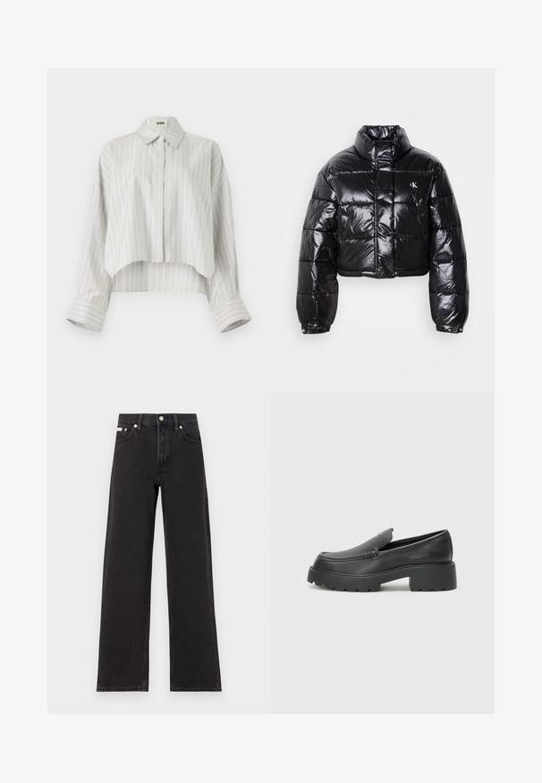 Giacca a vento nera cropped con finitura lucida, colletto alto, zip frontale e dettaglio con logo. Presenta maniche oversized e sezioni trapuntate.; Blusa a righe con design cropped, realizzata in tessuto leggero. Presenta una chiusura con bottoni sul davanti, colletto e ampie maniche arrotolate. Grigio chiaro e bianco.; Jeans neri a gamba larga in denim, con vita alta, styling a cinque tasche e chiusura con bottone metallico e cuciture a contrasto.; Mocassini in pelle nera con punta arrotondata, suola spessa e testurizzata, e minime cuciture. Design elegante senza lacci o parti metalliche visibili.