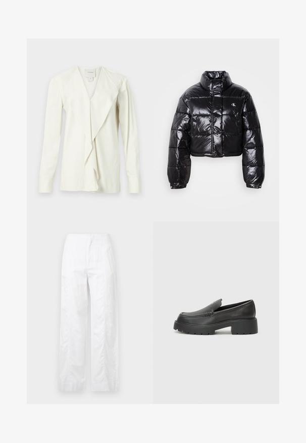 Zkrátená čierna prešívaná bunda s lesklým povrchom, vysokým golierom, predným zipsom a detailom loga. Obsahuje nadrozšírené rukávy a prešívané časti.; Biely dlhý rukáv blúzka s výstrihom do V, s volným predným dielom a priliehavými rukávmi. Hladká tkanina s jemným leskom, prispôsobený dizajn.; Biele široké nohavice z ľahkej látky, s hladkou textúrou, čistými líniami a vysokým pásom.; Čierne kožené mokasíny s okrúhlou špičkou, hrubou textúrovanou podrážkou a minimom stehovej výzdoby. Štíhly dizajn bez viditeľných šnúr alebo kovania.