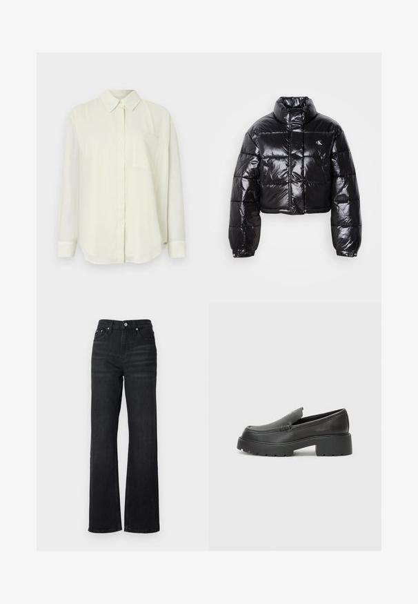 Zkrácená černá péřová bunda s lesklým povrchem, vysokým límcem, předním zipem a logem. Má široké rukávy a prošívané části.; Světlá krémová košile na knoflíky s klasickým límečkem, dlouhými rukávy, jednou náprsní kapsou a hladkým, jemným povrchem.; Černé džíny s širokým střihem a vysokým pasem, pět kapsami a stříbrným kovovým knoflíkem. Tkanina má hladkou texturu a mírnou pružnost.; Černé kožené mokasíny s okrouhlou špičkou, silnou strukturovanou podrážkou a minimálními detaily šití. Elegantní design bez viditelných tkaniček nebo kovových prvků.