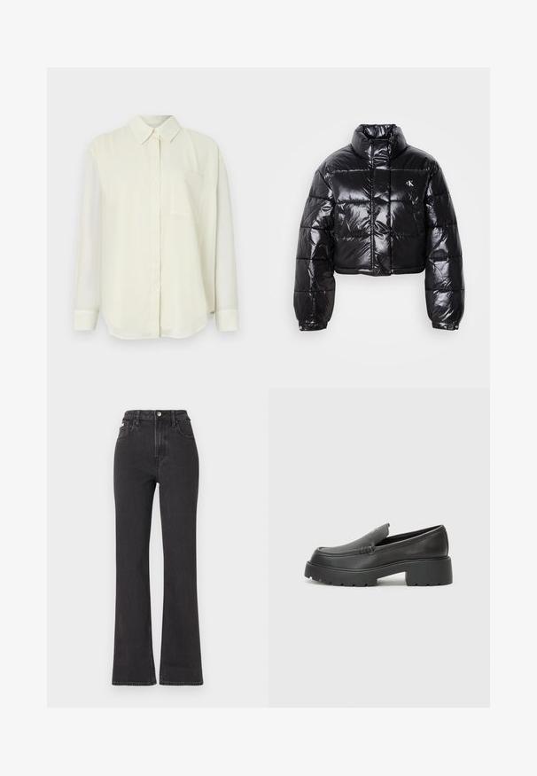 Zkrácená černá péřová bunda s lesklým povrchem, vysokým límcem, předním zipem a logem. Má široké rukávy a prošívané části.; Světlá krémová košile na knoflíky s klasickým límečkem, dlouhými rukávy, jednou náprsní kapsou a hladkým, jemným povrchem.; Černé vysoké rozšířené džíny z denimu, se zapínáním na knoflík, poutky na opasek a bočními kapsami. Hladká textura s minimálním vyblednutím.; Černé kožené mokasíny s okrouhlou špičkou, silnou strukturovanou podrážkou a minimálními detaily šití. Elegantní design bez viditelných tkaniček nebo kovových prvků.