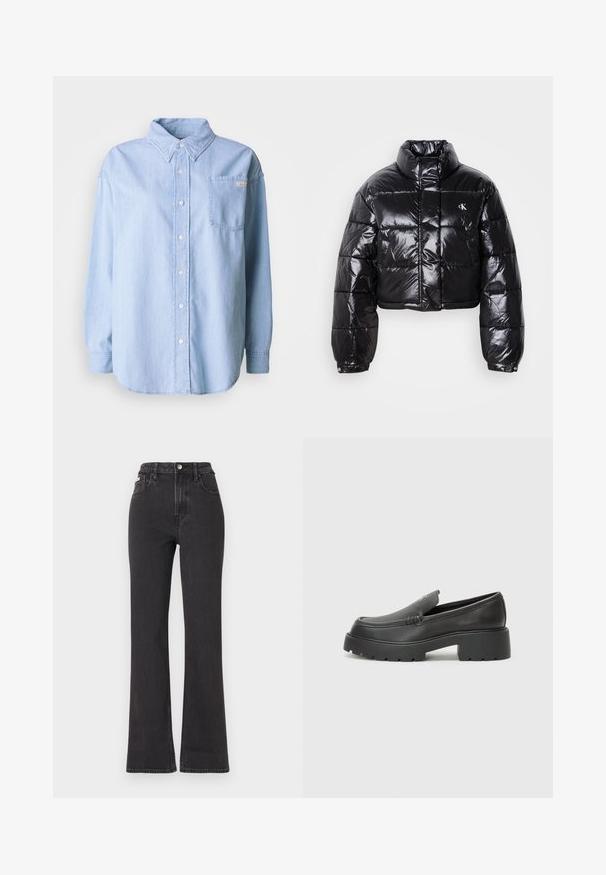 Giacca a vento nera cropped con finitura lucida, colletto alto, zip frontale e dettaglio con logo. Presenta maniche oversized e sezioni trapuntate.; Camicia in denim azzurro chiaro con maniche lunghe, chiusura con bottoni sul davanti, colletto e una tasca sul petto con un piccolo logo. Texture morbida e vestibilità rilassata.; Jeans neri a vita alta e a zampa d'elefante in denim, con chiusura a bottoni, passanti per cintura e tasche laterali. Texture liscia con minimal fading.; Mocassini in pelle nera con punta arrotondata, suola spessa e testurizzata, e minime cuciture. Design elegante senza lacci o parti metalliche visibili.