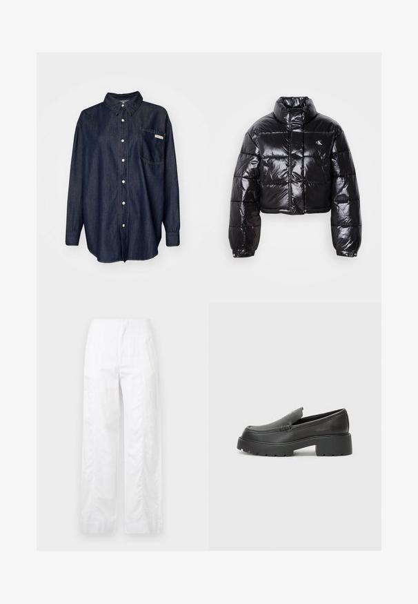 Jachetă puffer neagră scurtă cu finisaj lucios, guler înalt, fermoar frontal și detaliu cu logo. Are mâneci supradimensionate și secțiuni quilted.; Cămașă din denim închis la culoare, cu guler, mâneci lungi, un singur buzunar pe piept și detalii de cusătură albă.; Pantaloni albi cu croială largă, fabricați dintr-un material ușor, având o textură netedă, linii curate și un design cu talie înaltă.; Mocasini din piele neagră, cu vârf rotunjit, talpă groasă texturată și detalii minimale de cusătură. Design elegant, fără șireturi sau accesorii vizibile.