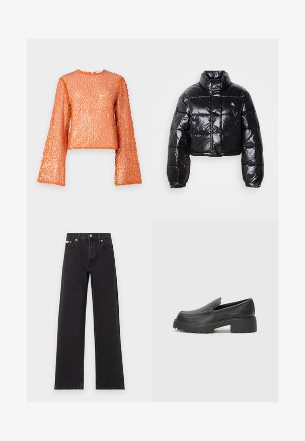 Skrajšana črna pufasta jakna z sijajno površino, visokim ovratnikom, sprednjim zadrgo in detajlom logotipa. Ima prevelike rokave in kviltane dele.; Oranžna majica s sequini, dolgi široki rokavi, okrogla ovratnica in teksturirana površina z več plastmi sequinov, ki ima subtilen lesk.; Črne široke jeans hlače iz denima, s poudarjenim pasom, petimi žepi in kovinskim gumbom za zapiranje ter kontrastnim šivanjem.; Črne usnjene loafers čevlje z zaobljenim nosom, debelim teksturiranim podplatom in minimalnimi šivi. Elegantna zasnova brez vidnih vezalk ali kovinskih delov.