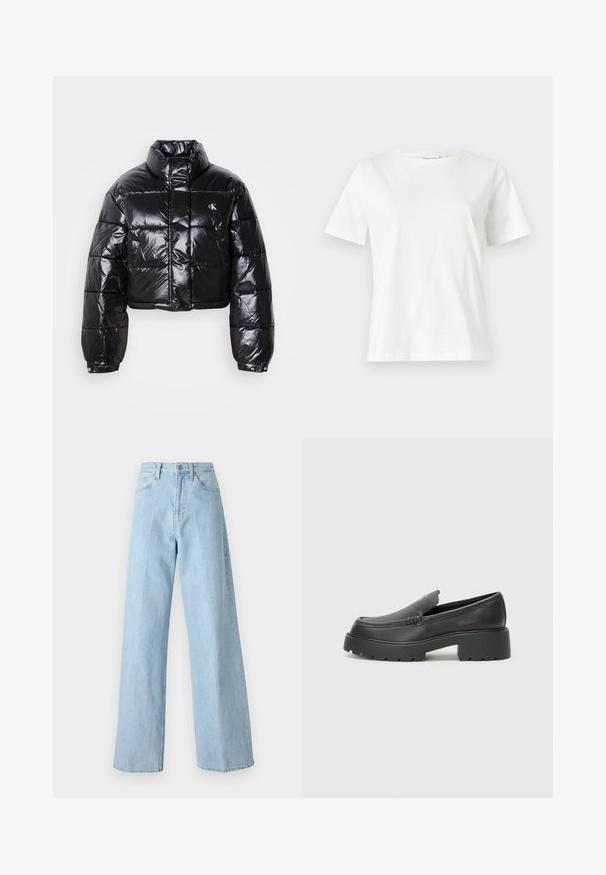 Casaco puffer preto cropped com acabamento brilhante, gola alta, fecho éclair à frente e detalhe de logótipos. Apresenta mangas oversized e secções acolchoadas.; T-shirt de algodão branco com mangas curtas, decote redondo e um corte descontraído. Textura suave, sem padrões ou detalhes, design minimalista.; Jeans de ganga de perna larga em azul claro, com cintura alta, design de cinco bolsos e corte direito na bainha.; Mocassins de couro preto com bico arredondado, sola espessa e texturizada, e detalhes de costura minimalistas. Design elegante sem atacadores ou ferragens visíveis.