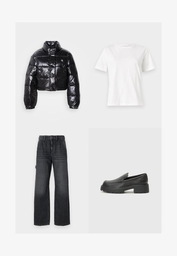 Lühendatud must puffer-jakk läikiva viimistlusega, kõrge krae, eeslukuga ja logodetailiga. Omab üleöö suuruseid varrukaid ja tikitud sektsioone.; Valge puuvillane T-särk lühikeste varrukatega, ümmarguse kaelusega ja vabalt istuv. Sile tekstuur, ilma mustrite ja aktsentideta, minimalistik disain.; Laia-teega teksad tumedast hallist denimist, millel on kõrge talje, ees taskud ja kerge kulumisefekt reitel. Kontrastne õmbluse detailsus.; Mustad nahast loafers ümarate varvastega, paksu tekstuuriga tald ja minimaalsete õmbluse detailidega. Viimistletud disain, kus pole nähtavaid paelu ega riistu.