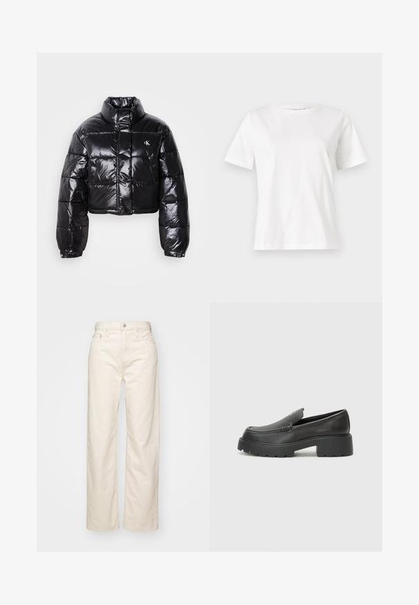Κομμένο μαύρο μπουφάν τύπου puffer με γυαλιστερή επιφάνεια, ψηλό γιακά, μπροστινό φερμουάρ και λεπτομέρεια λογότυπου. Διαθέτει υπερμεγέθη μανίκια και ραμμένα τμήματα.; Λευκό βαμβακερό μπλουζάκι με κοντά μανίκια, στρογγυλή λαιμόκοψη και άνετη εφαρμογή. Λείο υφασμάτινο, χωρίς σχέδια ή αξεσουάρ, μινιμαλιστικός σχεδιασμός.; Ανοιχτό μπεζ τζιν παντελόνι φαρδιάς γραμμής από τζιν ύφασμα, με ψηλή μέση, πέντε τσέπες και ραφές κατά μήκος των ραφών.; Μαύρα δερμάτινα loafers με στρογγυλή μύτη, χοντρή υφή σόλας και ελάχιστες ραφές. Κομψός σχεδιασμός χωρίς ορατά κορδόνια ή μεταλλικά στοιχεία.
