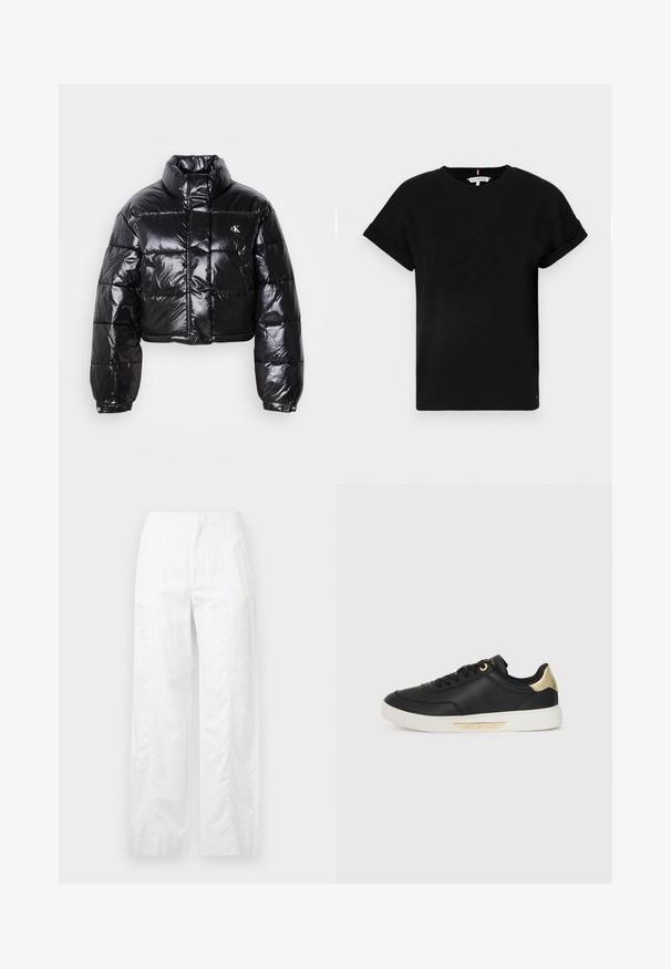 Casaco puffer preto cropped com acabamento brilhante, gola alta, fecho éclair à frente e detalhe de logótipos. Apresenta mangas oversized e secções acolchoadas.; T-shirt preta de algodão com mangas curtas dobradas, apresentando um logotipo em relevo no centro e um pequeno detalhe de bandeira na lateral.; Calças brancas de perna larga feitas de um tecido leve, com uma textura suave, linhas limpas e um design de cintura alta.; Sapatilha preta em couro com textura suave, sola de borracha branca, detalhes em dourado no calcanhar e nos ilhós, apresentando um logotipo na lateral.