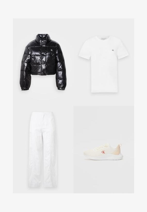 Cropped black puffer jacket with glossy finish, high collar, front zipper, and logo detail. Features oversized sleeves and quilted sections.; White cotton t-shirt with short sleeves and a round neckline. Features a small black "ck" logo on the left chest. Smooth texture.; White wide-leg trousers made of lightweight fabric, featuring a smooth texture, clean lines, and a high waist design.; White mesh sneakers with a textured surface, light beige accents, a raised white sole, and a red "CK" logo on the side.