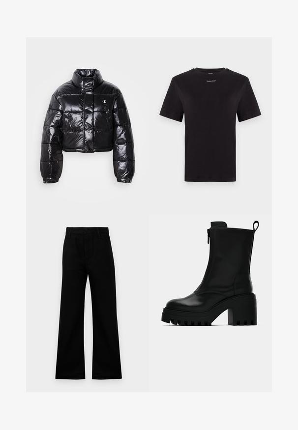 Kuttet svart dunjakke med glatt finish, høy krage, frontlås og logo-detalj. Den har overdimensjonerte ermer og quiltede seksjoner.; Svart bomull T-skjorte med korte ermer, rund hals og liten hvit "Calvin Klein" logo på brystet. Glatt tekstur, klassisk passform.; Sorte vide benklær laget av glatt stoff med høy midje, med knappeåpning og beltehemper, som gir en strukturert passform.; Sorte lær ankelsko med kraftig såle, blokkhæl, sidelukking med glidelås og trekketap bak på ensfarget hvit bakgrunn.