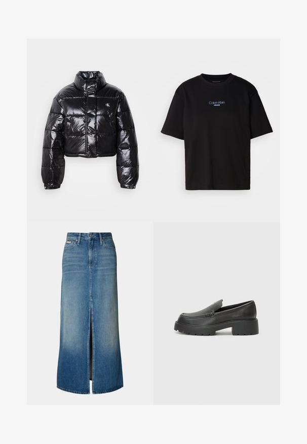 Fekete, fényes felületű, vágott pufi dzseki, magas gallérral, elülső cipzárral és logó részlettel. Tágas ujjakkal és steppelt részekkel rendelkezik.; Fekete pamut póló kerek nyakkal, rövid ujjú, elöl kék hímzett "Calvin Klein JEANS" logóval.; Világoskék farmere maxi szoknya elől hasítékkal, övbújtatókkal, hagyományos öt zsebes kivitelben és elhalványult mosással.; Fekete bőr loafer cipők kerek orral, vastag, texturált talppal és minimális varrási részletekkel. Áramvonalas dizájn, látható fűzők vagy fém részek nélkül.