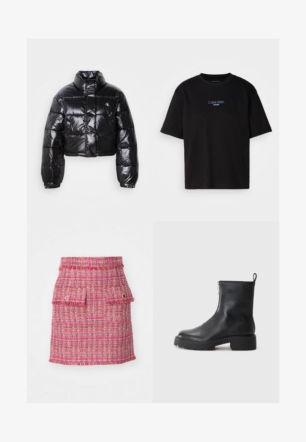 Kuttet svart dunjakke med glatt finish, høy krage, frontlås og logo-detalj. Den har overdimensjonerte ermer og quiltede seksjoner.; Sort bomull t-skjorte med rund hals, korte ermer, og blå brodert "Calvin Klein JEANS" logo på forsiden.; Rosa tweed skjørt med teksturert vev, to frontlommer med frynsete kanter og en subtil metallisk detalj.; Sorte skinn ankelstøvler med glidelås på siden, rund tå og en chunky, strukturert såle. Diskret merkevare på siden.