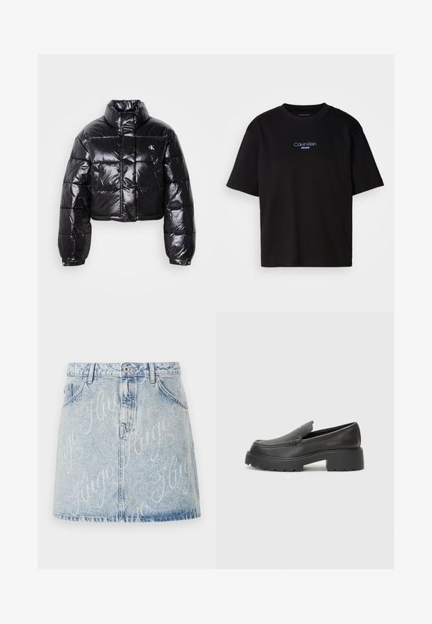Kort sort vinterjakke med blank finish, høj krave, lynlås foran og logo detalje. Har oversized ærmer og quiltede sektioner.; Sort bomulds t-shirt med rund hals, korte ærmer og blåt broderet "Calvin Klein JEANS" logo på fronten.; Lysblå denimnederdel med falmet vask, med frontknaplukning og logo-mønster med "Hugo" over det hele. Fem-lomme stil.; Sorte læder loafers med rund tå, tyk tekstureret sål og minimale syninger. Elegant design uden synlige snørebånd eller hardware.