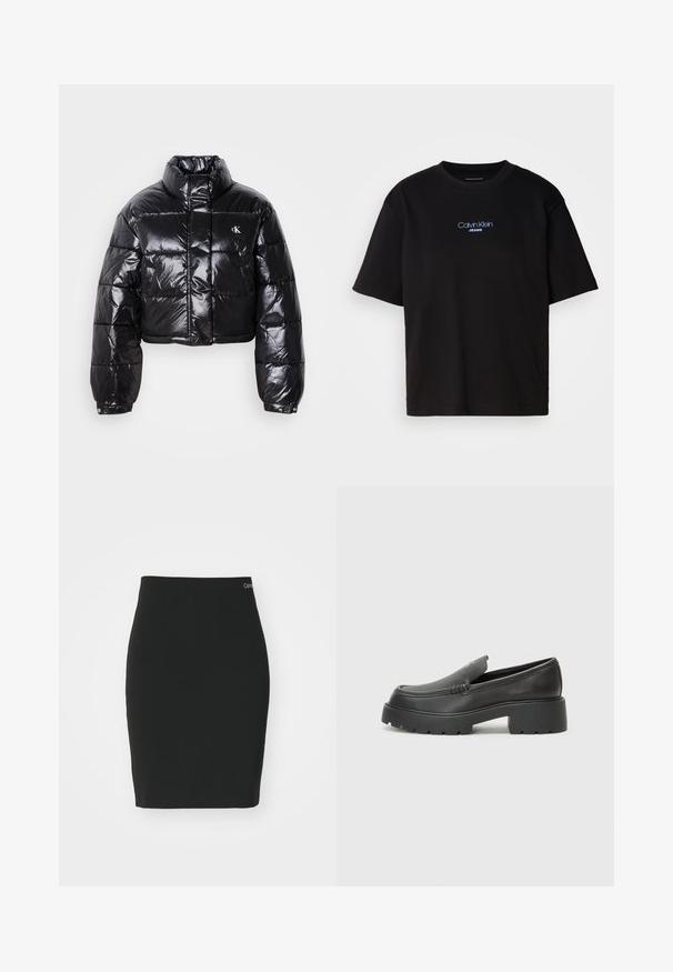 Skraćena crna jakna od puf materijala sa sjajnom završnom obradom, visokim ovratnikom, prednjim patentnim zatvaračem i detaljem s logotipom. Ima ogroman rukav i kviltane dijelove.; Crna pamučna majica s okruglim izrezom, kratkim rukavima i plavim izvezenim logom "Calvin Klein JEANS" na prednjoj strani.; Crna olovka suknja od rastezljivog materijala. Ima prilagođen dizajn sa glatkom teksturom i diskretnim logotipom na struku.; Crne kožne loaferice s zaobljenim vrhom, debelim teksturiranim potplatom i minimalnim detaljima šivanja. Elegantna izrada bez vidljivih vezica ili metalnih elemenata.