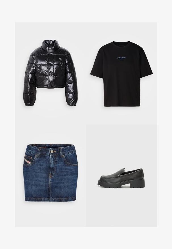Chaqueta acolchada negra recortada con acabado brillante, cuello alto, cremallera frontal y detalle de logo. Presenta mangas oversize y secciones acolchadas.; Camiseta de algodón negra con cuello redondo, manga corta y el logotipo azul bordado de "Calvin Klein JEANS" en el frente.; Falda de mezclilla en azul oscuro con un diseño ajustado, cinco bolsillos y costuras naranjas. Cuenta con un cierre de botón de metal en la cintura.; Mocasines de piel negra con punta redondeada, suela texturizada gruesa y mínimos detalles de costura. Diseño elegante sin cordones o herrajes visibles.