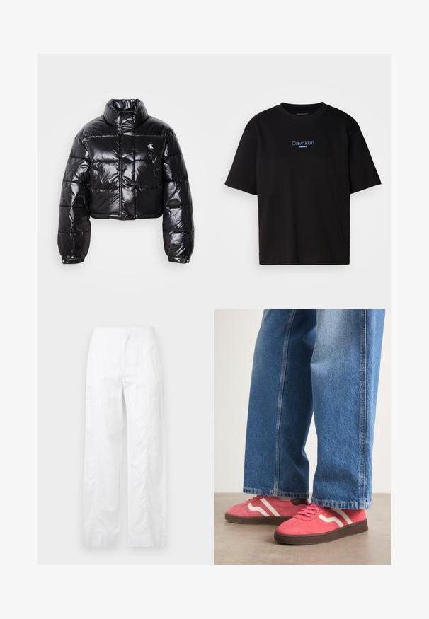 Veste doudoune noire coupée avec finition brillante, col haut, fermeture éclair à l'avant et détail de logo. Présente des manches surdimensionnées et des sections matelassées.; T-shirt en coton noir avec un col rond, des manches courtes et un logo brodé bleu "Calvin Klein JEANS" sur le devant.; Pantalons larges blancs en tissu léger, présentant une texture lisse, des lignes épurées et une taille haute.; Baskets en suede rose avec des rayures blanches ondulées et des semelles en caoutchouc marron, associées à un jean en denim light blue à jambes larges.