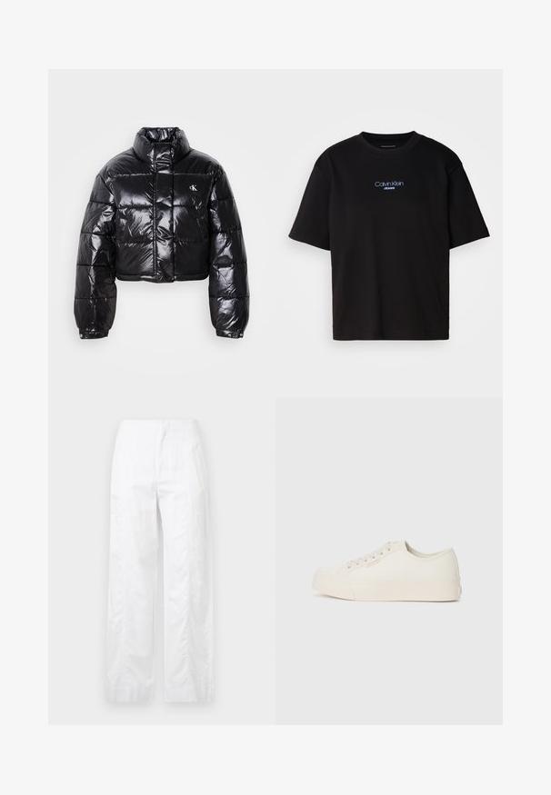 Cropped black puffer jacket with glossy finish, high collar, front zipper, and logo detail. Features oversized sleeves and quilted sections.; Black cotton t-shirt with a round neck, short sleeves, and blue embroidered "Calvin Klein JEANS" logo on the front.; White wide-leg trousers made of lightweight fabric, featuring a smooth texture, clean lines, and a high waist design.; Sneakers made of off-white canvas, featuring a low-top design, round toe, and flat rubber sole with subtle stitching detail.