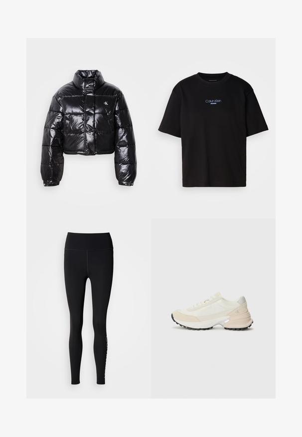 Trumpas juodas pūkinis paltas su blizgiu paviršiumi, aukšta apykakle, priekiniais užtrauktukais ir logotipo detalėmis. Yra plačios rankovės ir siuvinėtos dalys.; Juodas medvilnės marškinėliai su apykakle, trumpomis rankovėmis ir mėlynai siuvinėtu "Calvin Klein JEANS" logotipu priekyje.; Juodos leggingai su aukštu juosmeniu, lygiu paviršiumi, pilno ilgio dizainu ir baltu logotipu žemiau kairės kojos.; Lengvi sportbačiai, pagaminti iš smėlio ir baltos medžiagos, su paminkštintu apykakle, tekstūruotais zomšos akcentais ir juodu guminiu padu.