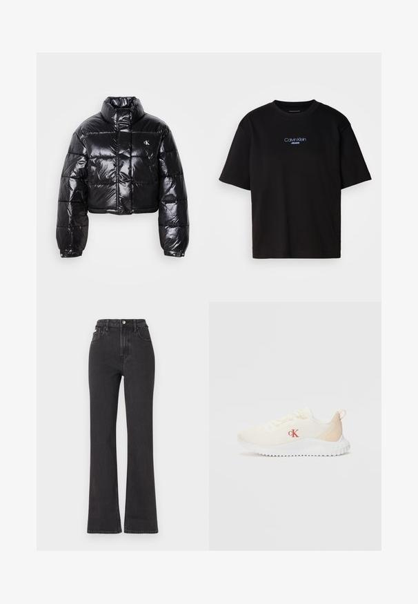 Kort sort vinterjakke med blank finish, høj krave, lynlås foran og logo detalje. Har oversized ærmer og quiltede sektioner.; Sort bomulds t-shirt med rund hals, korte ærmer og blåt broderet "Calvin Klein JEANS" logo på fronten.; Sorte højtaljede flagrende jeans lavet af denim, med knaplukning, bæltestropper og sidelommer. Glat tekstur med minimal falming.; Hvide mesh sneakers med en struktureret overflade, lyse beige detaljer, en hævet hvid sål og et rødt "CK" logo på siden.