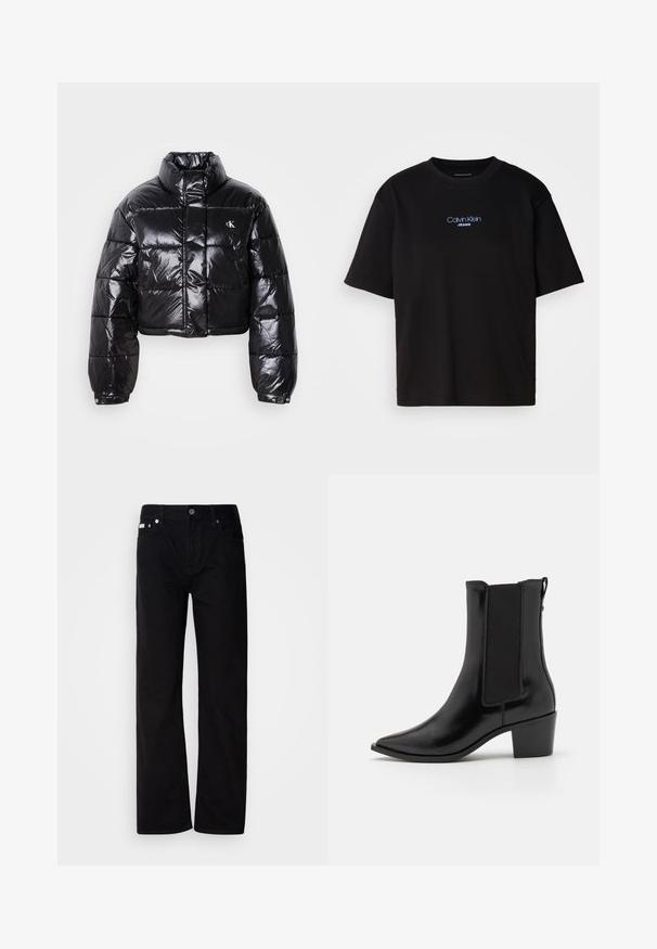 Cropped black puffer jacket with glossy finish, high collar, front zipper, and logo detail. Features oversized sleeves and quilted sections.; Black cotton t-shirt with a round neck, short sleeves, and blue embroidered "Calvin Klein JEANS" logo on the front.; Black denim straight-leg pants with five pockets, silver rivets, and a button fly. The fabric has a smooth, slightly textured finish.; Calvin Klein HEEL - Cowboy/biker ankle boot - black
