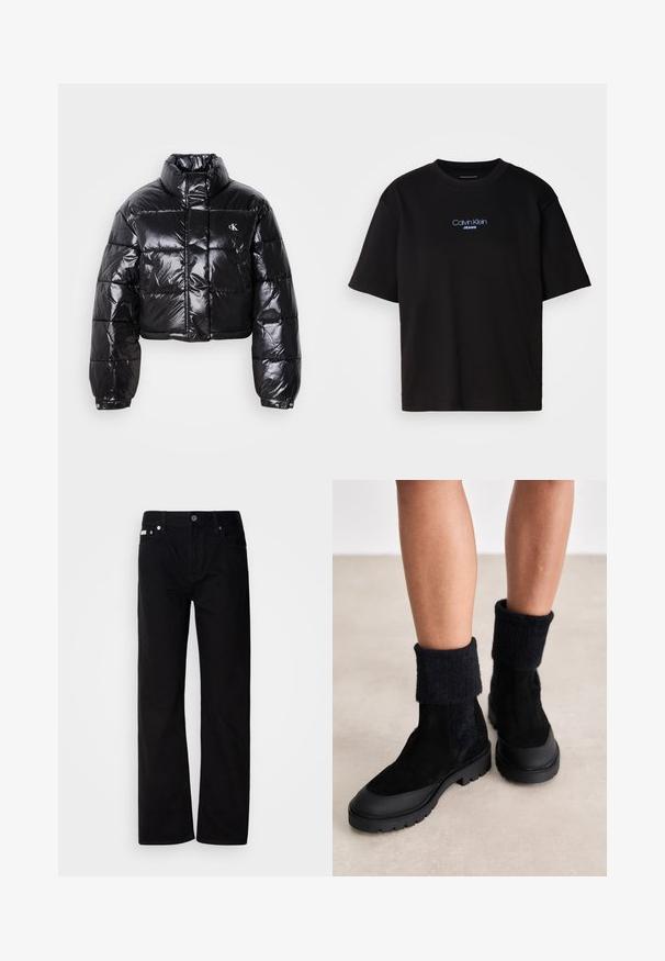 Jachetă puffer neagră scurtă cu finisaj lucios, guler înalt, fermoar frontal și detaliu cu logo. Are mâneci supradimensionate și secțiuni quilted.; Tricou din bumbac negru cu guler rotund, mâneci scurte și logo-ul brodat în albastru "Calvin Klein JEANS" pe față.; Pantaloni din denim negri, cu croială dreaptă, având cinci buzunare, cu nituri argintii și închidere cu nasture. Materialul are o textură netedă, ușor texturată.; Botine negre cu un mix de suede și material pufos la guler, cu o talpă din cauciuc masivă și detalii texturate pe partea superioară.