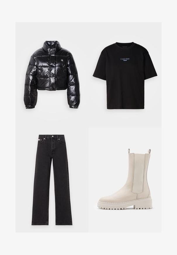 Jachetă puffer neagră scurtă cu finisaj lucios, guler înalt, fermoar frontal și detaliu cu logo. Are mâneci supradimensionate și secțiuni quilted.; Tricou din bumbac negru cu guler rotund, mâneci scurte și logo-ul brodat în albastru "Calvin Klein JEANS" pe față.; Jeanși negri cu picioare largi, fabricați din denim, cu talie înaltă, stil cu cinci buzunare și închidere cu nasture metalic, cu cusături contrastante.; Bocanci de gleznă bej din piele cu panouri laterale elastice, o talpă albă masivă și bucle de tragere pe spate pentru o purtare ușoară.