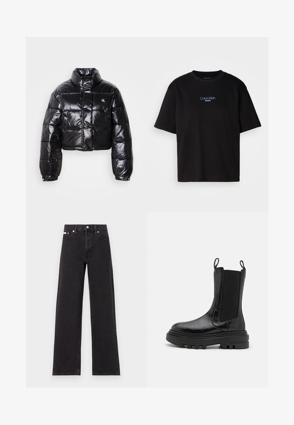 Zkrácená černá péřová bunda s lesklým povrchem, vysokým límcem, předním zipem a logem. Má široké rukávy a prošívané části.; Černé bavlněné tričko s kulatým výstřihem a krátkými rukávy, s modrou vyšitou nášivkou "Calvin Klein JEANS" na přední straně.; Černé široké jeansy vyrobené z denimu, s vysokým pasem, pěti kapsami a kovovým zapínáním s kontrastním prošíváním.; Černé kotníkové boty s lesklým koženým povrchem, elastickými bočními panely, poutky na vytahování a silnou, strukturovanou gumovou podrážkou. Robustní design, elegantní silueta.
