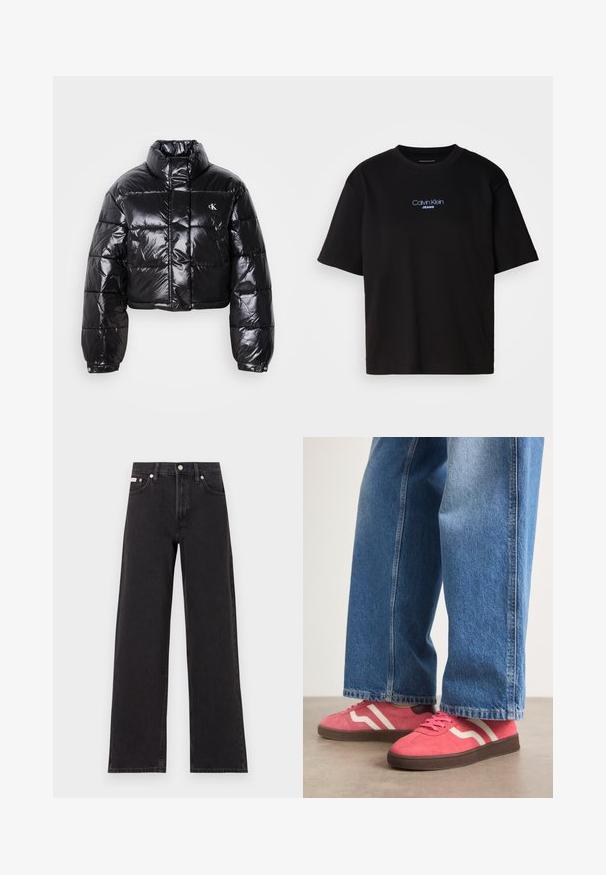 Skraćena crna jakna od puf materijala sa sjajnom završnom obradom, visokim ovratnikom, prednjim patentnim zatvaračem i detaljem s logotipom. Ima ogroman rukav i kviltane dijelove.; Crna pamučna majica s okruglim izrezom, kratkim rukavima i plavim izvezenim logom "Calvin Klein JEANS" na prednjoj strani.; Crne široke traperice od denima, s visokim strukom, pet džepova i metalnim zatvaranjem s kontrastnim šavovima.; Roze zamšaste tenisice s bijelim valovitim prugama i smešnim gumenim potplatima, uparene sa svijetloplavim širokim trapericama.