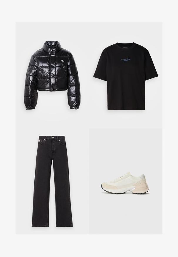 Chaqueta acolchada negra recortada con acabado brillante, cuello alto, cremallera frontal y detalle de logo. Presenta mangas oversize y secciones acolchadas.; Camiseta de algodón negra con cuello redondo, manga corta y el logotipo azul bordado de "Calvin Klein JEANS" en el frente.; Jeans anchos de mezclilla negros, con cintura alta, cinco bolsillos y cierre de botón metálico con costuras contrastantes.; Zapatillas ligeras que presentan materiales en beige y blanco, un cuello acolchado, acentos de ante texturizado y una suela de goma negra.