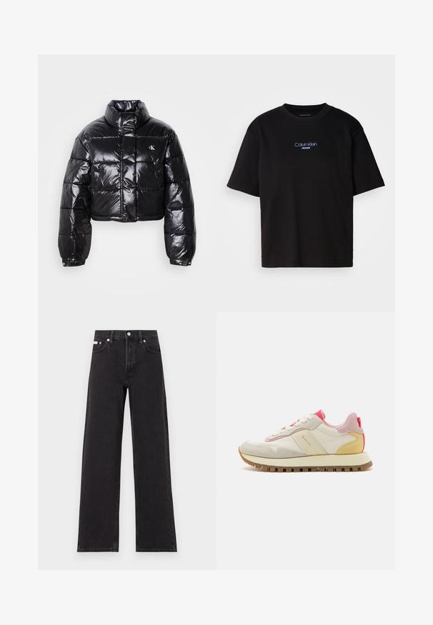 Cropped black puffer jacket with glossy finish, high collar, front zipper, and logo detail. Features oversized sleeves and quilted sections.; Black cotton t-shirt with a round neck, short sleeves, and blue embroidered "Calvin Klein JEANS" logo on the front.; Black wide-leg jeans made of denim, featuring a high-rise waist, five-pocket styling, and a metal button closure with contrasting stitching.; Sneakers with a cream leather upper, pink suede accents, and a yellow heel, featuring a rubber tread sole and white laces.