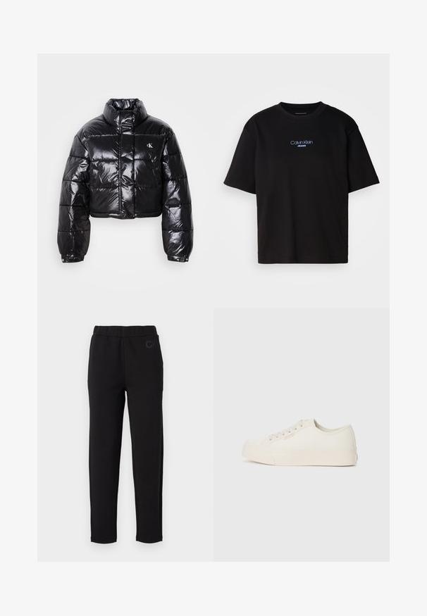 Geknipt zwart pufferjack met glanzende afwerking, hoge kraag, ritssluiting aan de voorkant en logodetail. Beschikt over oversized mouwen en gestikte delen.; Zwart katoenen T-shirt met ronde hals, korte mouwen en blauw geborduurd "Calvin Klein JEANS" logo op de voorkant.; Zwarte joggingbroek met een elastische tailleband, gemaakt van zachte stof. Bevat een subtiele "CK" logo op de voorkant. Rechtdoorgestikte pijpen.; Sneakers van off-white canvas, met een laag ontwerp, ronde neus en platte rubberen zool met subtiele stiksels.