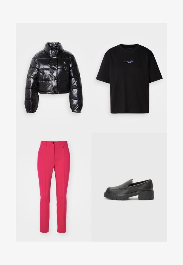 Geknipt zwart pufferjack met glanzende afwerking, hoge kraag, ritssluiting aan de voorkant en logodetail. Beschikt over oversized mouwen en gestikte delen.; Zwart katoenen T-shirt met ronde hals, korte mouwen en blauw geborduurd "Calvin Klein JEANS" logo op de voorkant.; Strakke roze broeken gemaakt van een glad materiaal, met een centrale plooi, knoopsluiting en riemlussen.; Zwarte leren instappers met een ronde neus, dikke getextureerde zool en minimale stikseldetails. Strak ontwerp zonder zichtbare veters of hardware.