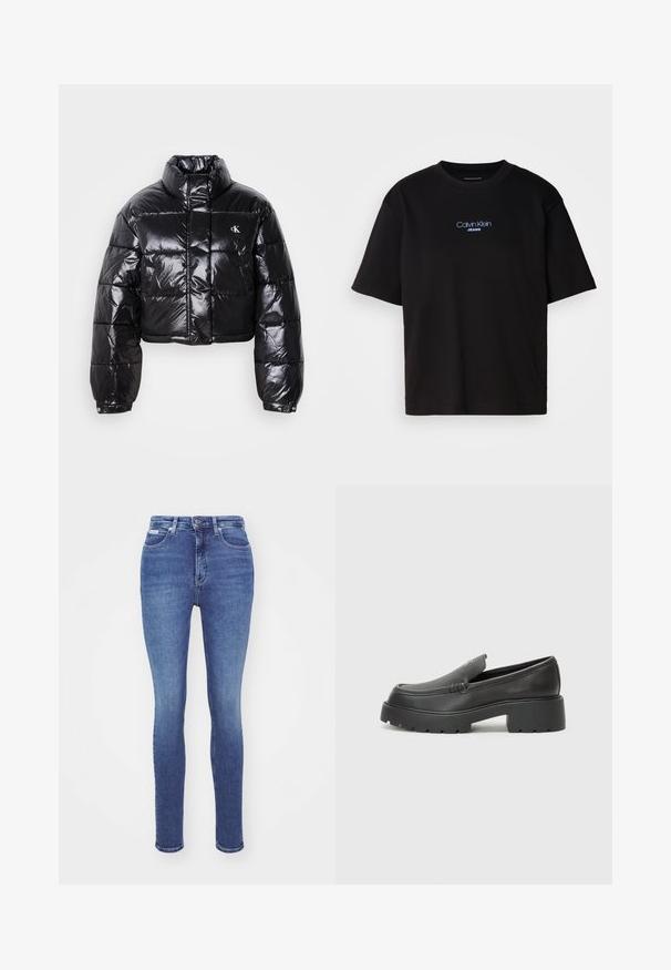 Casaco puffer preto cropped com acabamento brilhante, gola alta, fecho éclair à frente e detalhe de logótipos. Apresenta mangas oversized e secções acolchoadas.; T-shirt preta de algodão com gola redonda, mangas curtas e logo bordado azul "Calvin Klein JEANS" na parte da frente.; Jeans skinny em denim azul lavagem média. Apresenta uma cintura alta, design clássico de cinco bolsos e fecho de botão metálico na cintura.; Mocassins de couro preto com bico arredondado, sola espessa e texturizada, e detalhes de costura minimalistas. Design elegante sem atacadores ou ferragens visíveis.