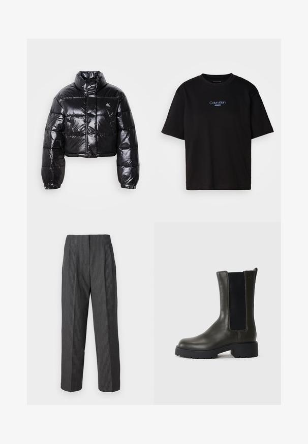 Izgriezta melna pūkainā jaka ar spīdīgu apdari, augstu apkakli, priekšējiem rāvējslēdzējiem un logotipa detaļām. Iezīmējas ar pārspīlētiem piedurknēm un quilted sekcijām.; Melna kokvilnas T-kreklu ar apaļu kaklu, īsām piedurknēm un zilu izšūtu "Calvin Klein JEANS" logo priekšpusē.; 2nd Day CARTER - Auduma bikses - dark grey; Zaļas ādas potīšu zābaki ar elastīgiem sānu paneļiem, noapaļota purngala un gumijas zoli. Piedāvā teksturētu apdari un bloka papēdi.
