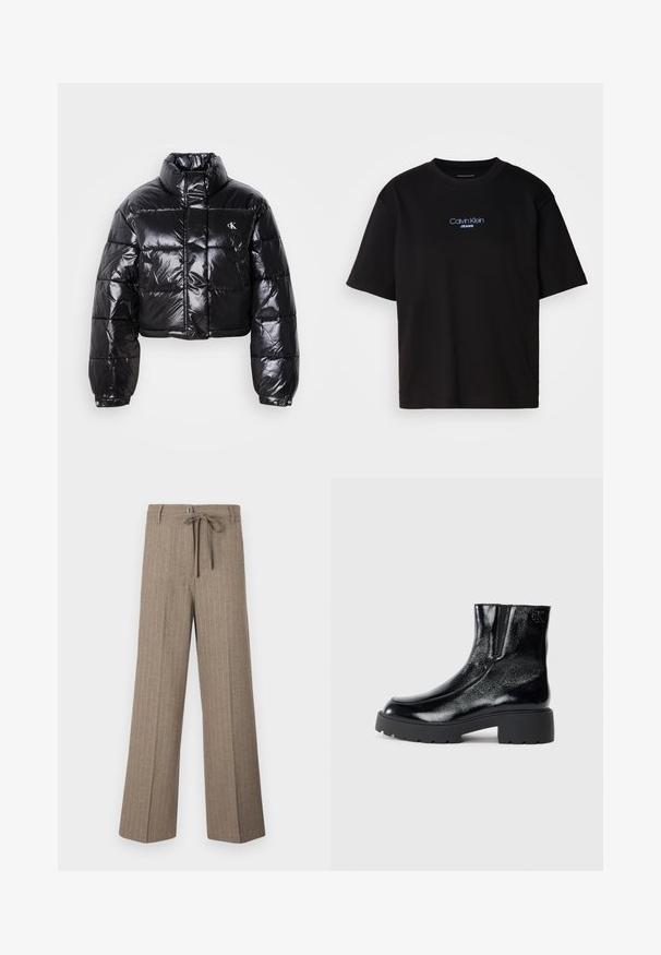 Trumpas juodas pūkinis paltas su blizgiu paviršiumi, aukšta apykakle, priekiniais užtrauktukais ir logotipo detalėmis. Yra plačios rankovės ir siuvinėtos dalys.; Juodas medvilnės marškinėliai su apykakle, trumpomis rankovėmis ir mėlynai siuvinėtu "Calvin Klein JEANS" logotipu priekyje.; Rudos džinsus su smulkiais juostelėmis, laisvo kirpimo, su raiščiu juosmenyje, plačiais keliais ir minkšta tekstūra, pagamintus iš audinio.; Juodi kulkšniniai batai su blizgia lakuota oda, storu juodu guminio pado ir pakeltu kulnu; šone yra subtilus logotipo detalė.
