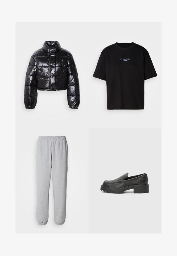 Geknipt zwart pufferjack met glanzende afwerking, hoge kraag, ritssluiting aan de voorkant en logodetail. Beschikt over oversized mouwen en gestikte delen.; Zwart katoenen T-shirt met ronde hals, korte mouwen en blauw geborduurd "Calvin Klein JEANS" logo op de voorkant.; Grijze trainingsbroek van zacht, textuurmateriaal. Elastische tailleband en boorden, met een klein logo aan de linkerkant.; Zwarte leren instappers met een ronde neus, dikke getextureerde zool en minimale stikseldetails. Strak ontwerp zonder zichtbare veters of hardware.