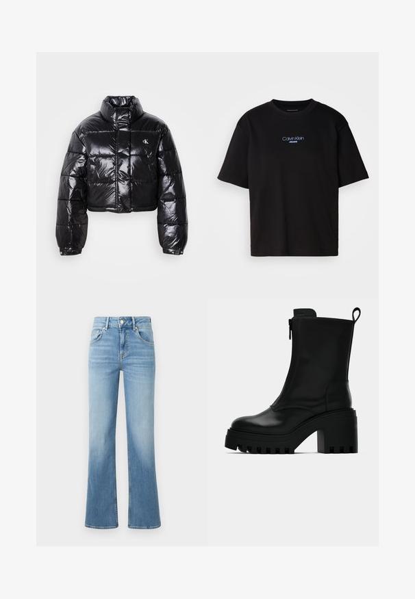 Skrajšana črna pufasta jakna z sijajno površino, visokim ovratnikom, sprednjim zadrgo in detajlom logotipa. Ima prevelike rokave in kviltane dele.; Črna bombažna majica s krožnim izrezom, kratkimi rokavi in modrim vezenim logotipom "Calvin Klein JEANS" na sprednji strani.; Svjetloplave traperice s otvorima, razriješene u dnu, visokog struka, s dva prednja džepa, zatvaranjem na gornji gumb i blagim pojašnjenjem boje.; Črne usnjene gležnarske škornje z debelim profilom, blok peto, stranskim zadrgo in zanke na zadnji strani na enobarvni beli podlagi.