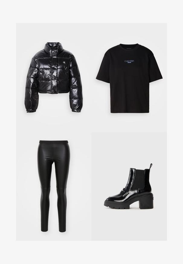 Veste doudoune noire coupée avec finition brillante, col haut, fermeture éclair à l'avant et détail de logo. Présente des manches surdimensionnées et des sections matelassées.; T-shirt en coton noir avec un col rond, des manches courtes et un logo brodé bleu "Calvin Klein JEANS" sur le devant.; Leggings noirs en matériau lisse et extensible avec une taille haute. Design ajusté, construction sans couture et sans poches visibles.; Bottines en verni noir avec un talon épais, des panneaux latéraux élastiques, une sangle décorative et des coutures contrastées. Texture lisse avec une finition brillante.