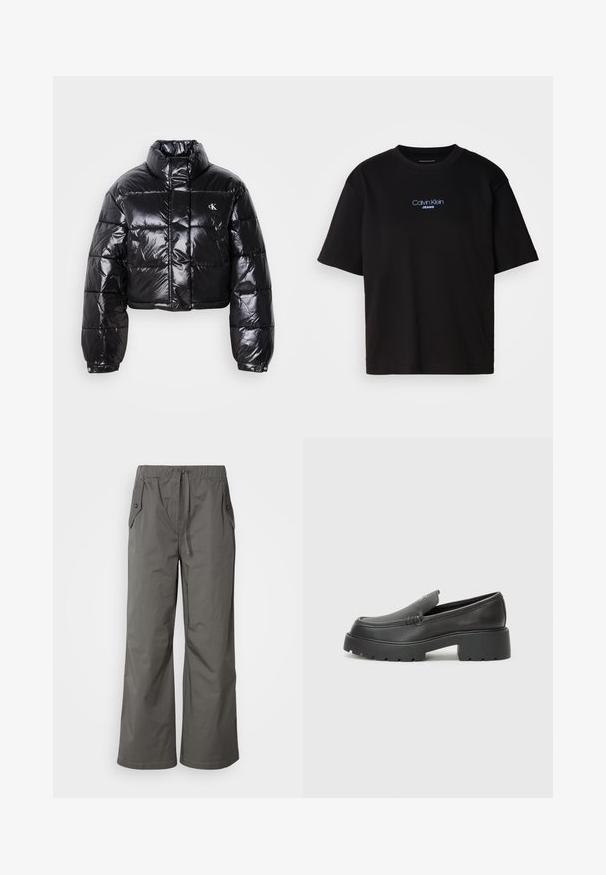 Cropped black puffer jacket with glossy finish, high collar, front zipper, and logo detail. Features oversized sleeves and quilted sections.; Black cotton t-shirt with a round neck, short sleeves, and blue embroidered "Calvin Klein JEANS" logo on the front.; Gray wide-leg pants made of lightweight fabric, featuring an elastic waistband, drawstring, and two side pockets with button accents.; Black leather loafers with a rounded toe, thick textured sole, and minimal stitching details. Sleek design with no visible laces or hardware.