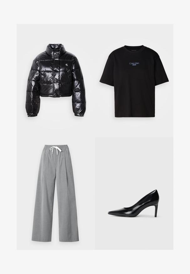 Fekete, fényes felületű, vágott pufi dzseki, magas gallérral, elülső cipzárral és logó részlettel. Tágas ujjakkal és steppelt részekkel rendelkezik.; Fekete pamut póló kerek nyakkal, rövid ujjú, elöl kék hímzett "Calvin Klein JEANS" logóval.; Szürke, bőszárú nadrág könnyű anyagból, redőzött elülső résszel és elasztikus derekkal, fehér zsinórral.; Fekete bőr magassarkú cipő, hegyes orral, sima textúrával és kúpos sarkal. Minimalista dizájn, nincsenek további díszítések.